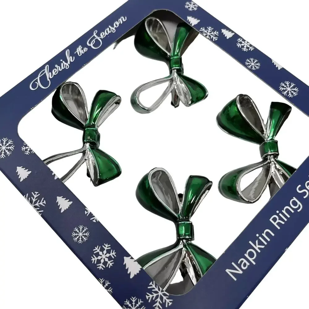 Green Bow Christmas Napkin Rings Set of 4 Silver Holiday Glam Cherish the Season